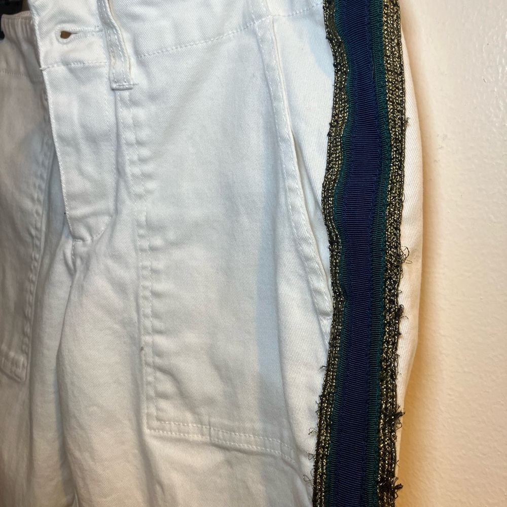 Pam &Gela white pants Navy Gold side stripe fringed bottom sz 27 - Picture 5 of 13